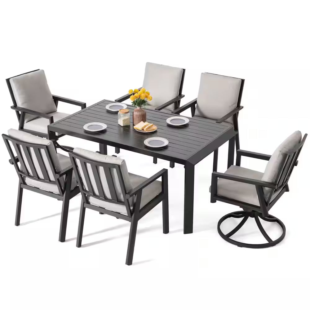 Black 7-Piece Aluminum Outdoor Dining Set with Gray Cushion