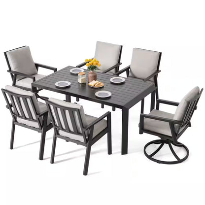 Black 7-Piece Aluminum Outdoor Dining Set with Gray Cushion