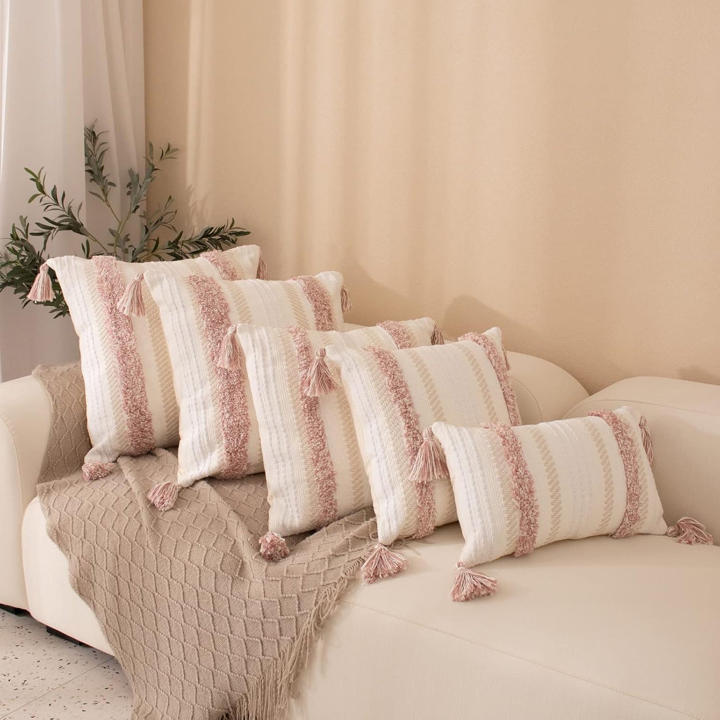 Boho Throw Pillow Covers Tufted Decorative Pillows Cover for Couch Bed Small Lumbar 12 X 20 Inch Pillow Cover, Modern Accent Farmhouse Neutral Throw Pillow Case, Pink | Boho Tufted Lumbar Pillow Cover, Blush Pink Accent for Couch, Bed and Dorm Decor
