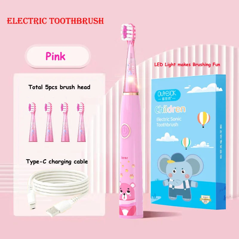 Kids Sonic Electric Toothbrush Cartoon with Colorful LED Light IPX7 Waterproof Overall Clean Teeth Rechargeable Care Toothbrush