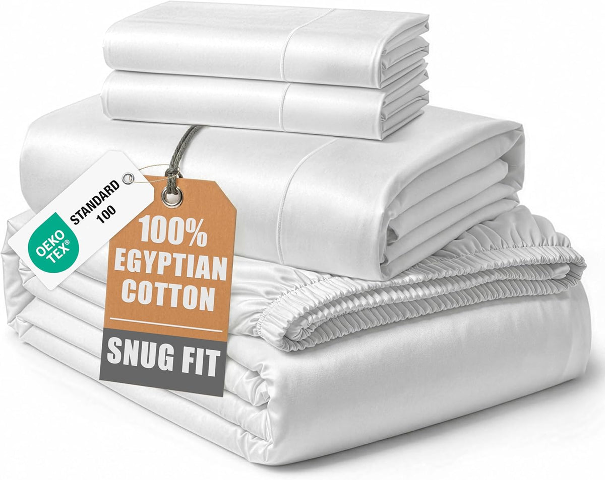 100% Egyptian Cotton Sheets Queen Size Sateen Weave - White