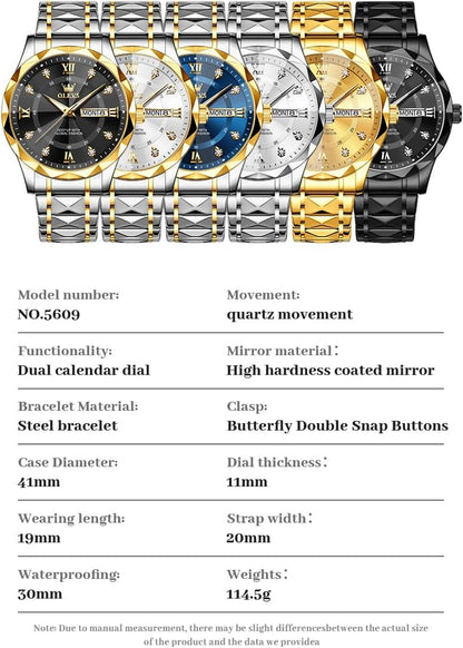 Watches for Men Luxury Diamond Casual Large Dial Watches Stainless Steel Waterproof Business Dress Analog Luminous Date Mens Watches