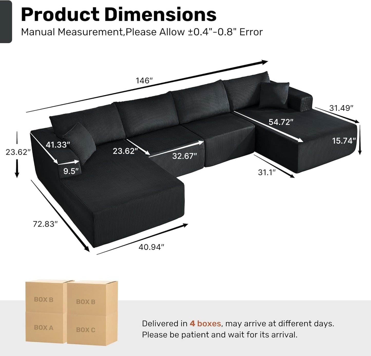 Corduroy Black UShaped Modular Sectional Sofa