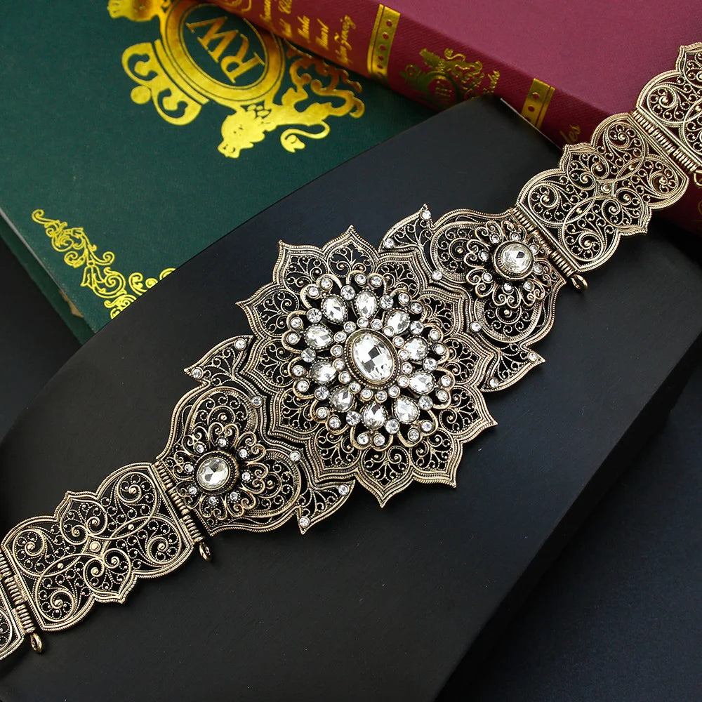 Chic Crystal Moroccan Belt round Flower Caftan Waist Chain for Women Algeria Bride Wedding Jewelry Abaya Dess Belt