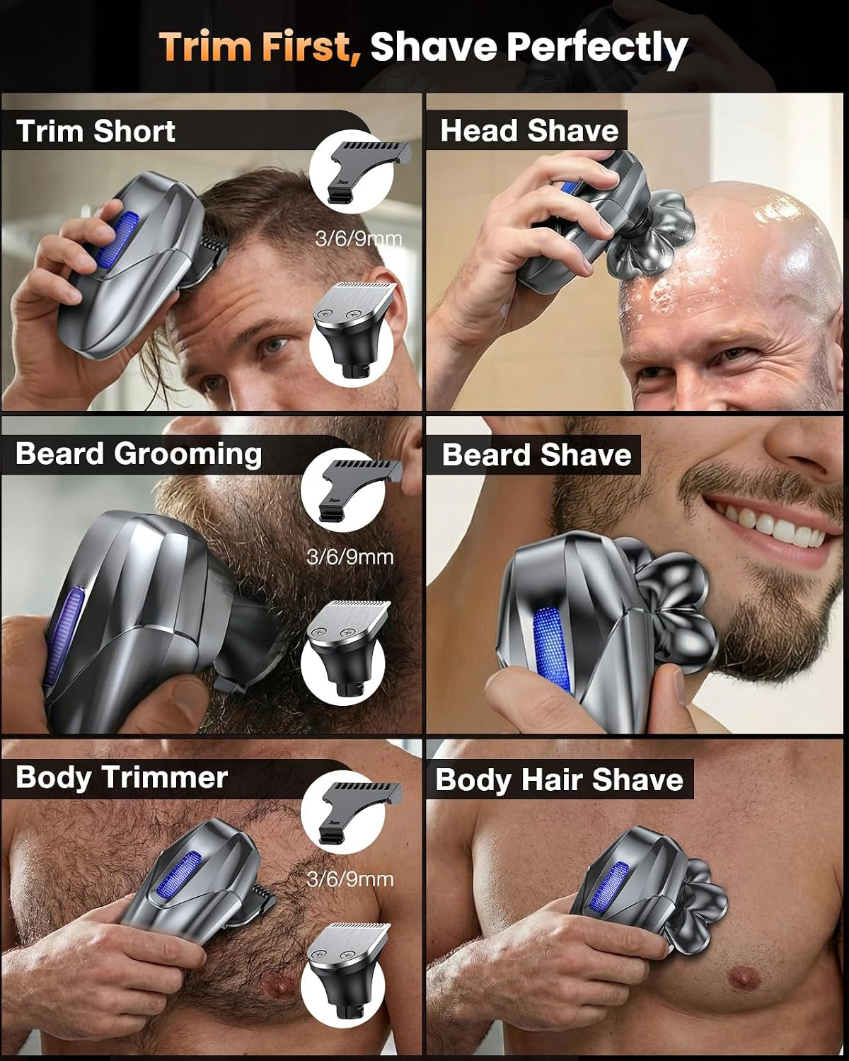 Head Shavers for Bald Men, 5-In-1 Electric Shaver Grooming Kit, 7D Floating IPX7 Waterproof Rechargeable Wet/Dry Razor for Skull Bald Head, Body Hair, with Massager, Gray