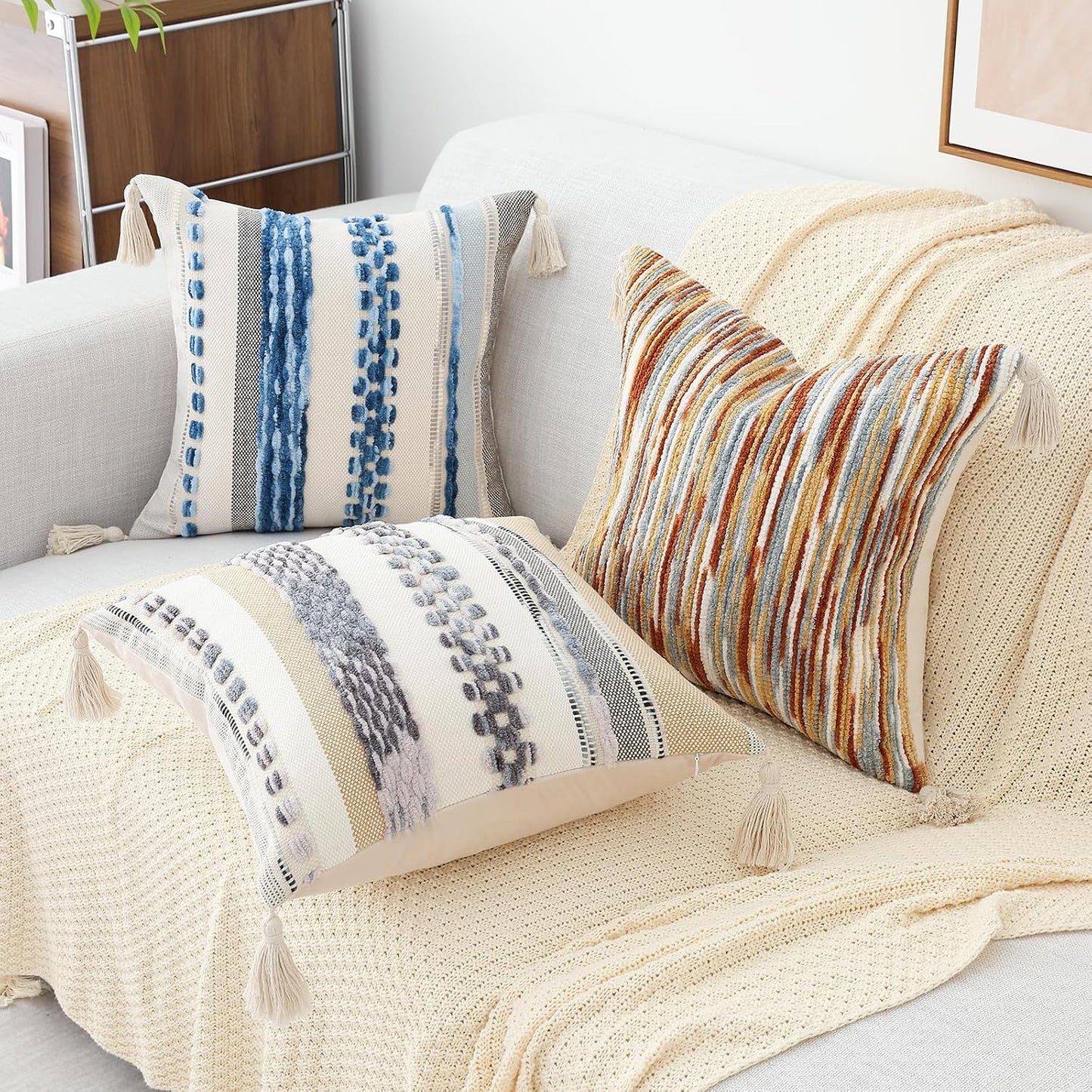 Sky Blue Throw Pillow Covers 18X18 Set of 2 | Decorative Modern Boho Farmhouse Pillow Covers Chenille Striped Tufted Couch Pillow Covers with Tassels for Bed Sofa