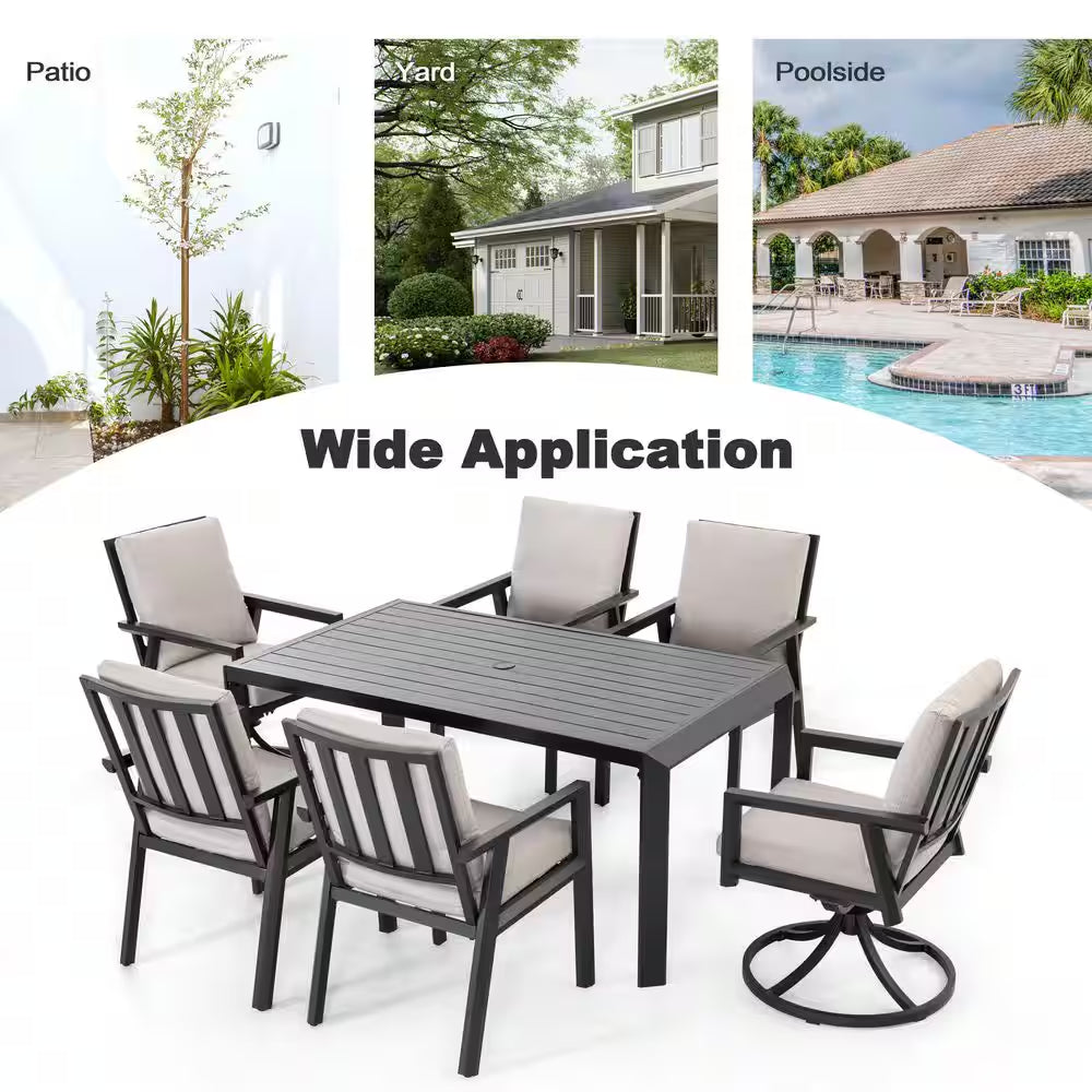 Black 7-Piece Aluminum Outdoor Dining Set with Gray Cushion