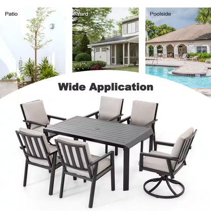 Black 7-Piece Aluminum Outdoor Dining Set with Gray Cushion
