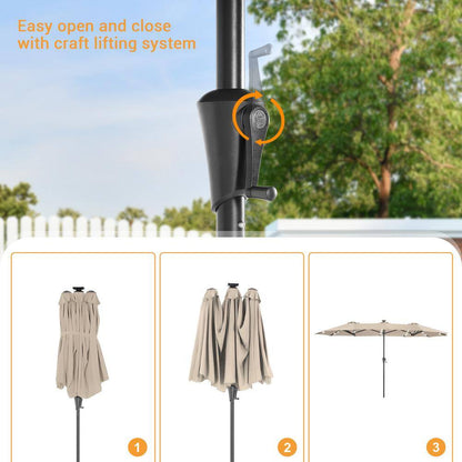 13 Ft. X 7.2 Ft. Steel Solar-Powered Double-Sided Market Patio Umbrella with Crank, Solar Panel in Sand