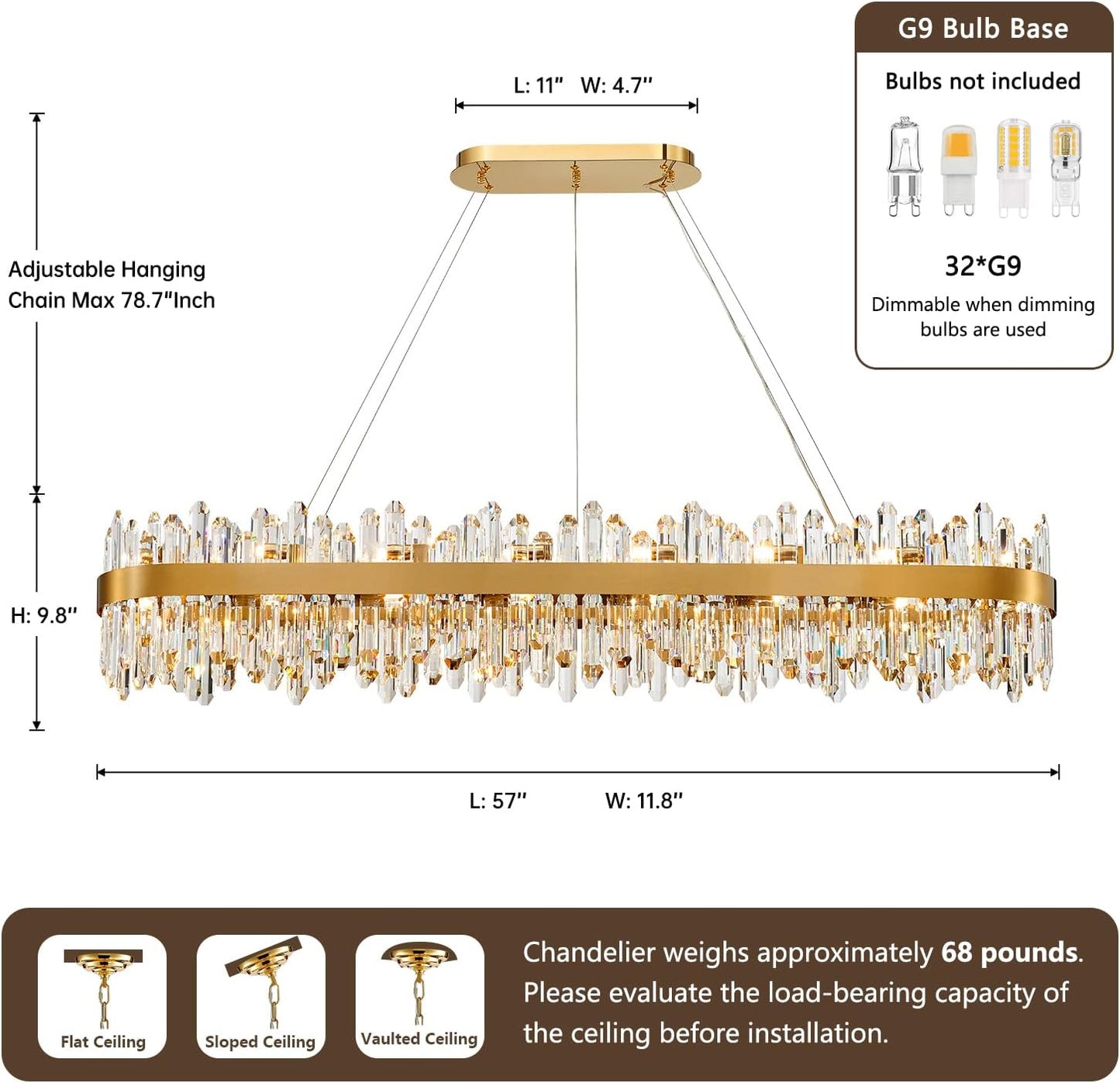 Modern Crystal Chandelier, L57'' Rectangle Gold Raindrop Chandelier Luxury Oval Pendant Ceiling Light Fixture for Living Room Dining Room Kitchen Island, G9 X 32 Lights