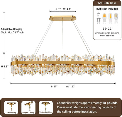 Modern Crystal Chandelier, L57'' Rectangle Gold Raindrop Chandelier Luxury Oval Pendant Ceiling Light Fixture for Living Room Dining Room Kitchen Island, G9 X 32 Lights