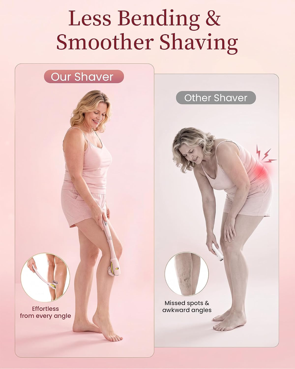 Electric Razor for Women Legs: 2-In-1 Painless 6D Body Shaver W/Long Handle | Fast & Smooth Shaver Head, Waterproof Bikini Trimmer Head for Underarms, Arms, Lady Hair Removal Kit, LED Display (Nude Pink)