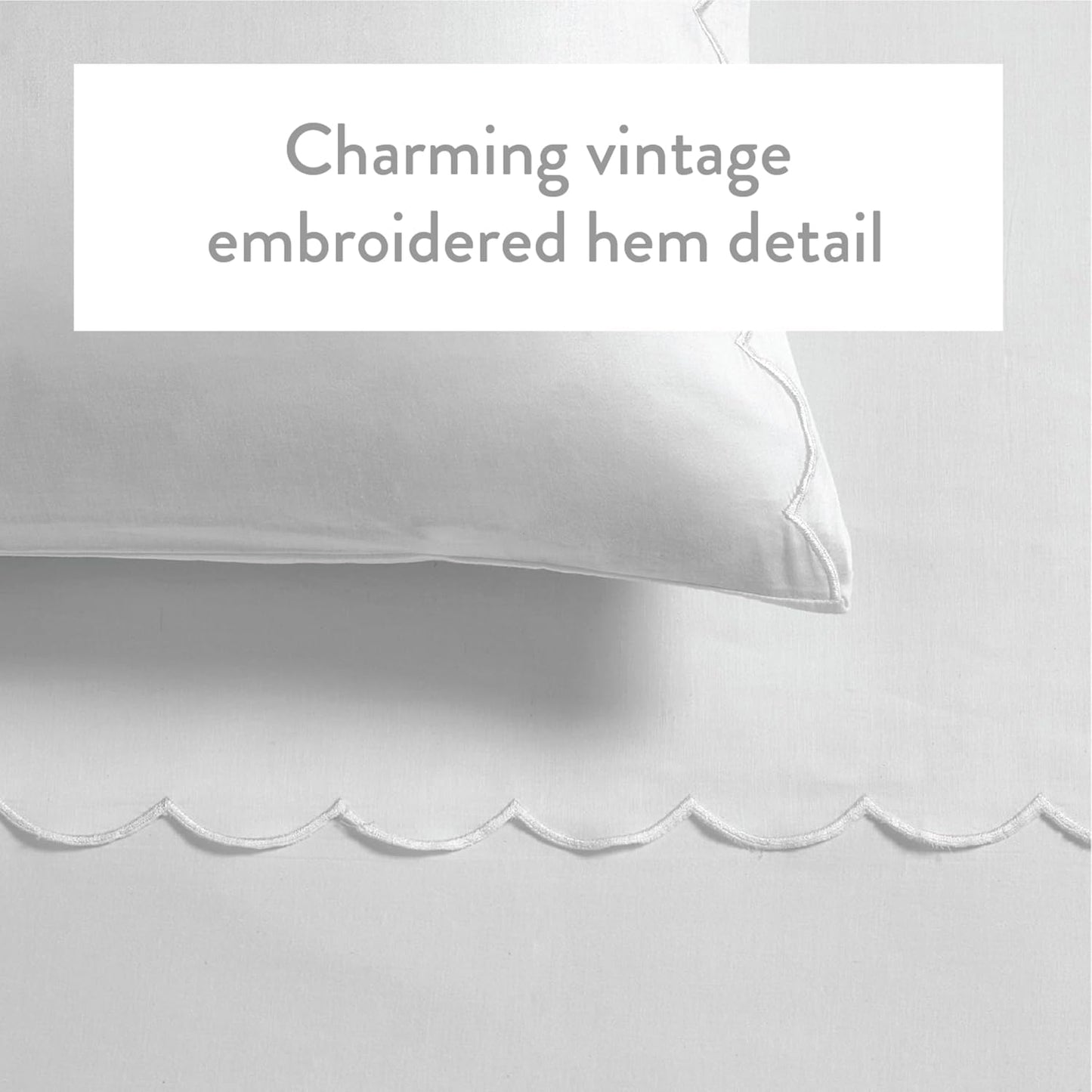 Full Size Sheet Set, 4 Piece Bed Sheets, Breathable Soft 300 TC 100% Cotton with Embroidered Scalloped Edge, 1 Flat Sheet, 1 Fitted, 2 Pillowcases, Full, White with White Scallop