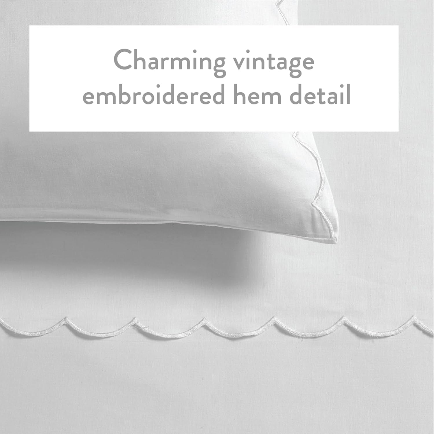 Full Size Sheet Set, 4 Piece Bed Sheets, Breathable Soft 300 TC 100% Cotton with Embroidered Scalloped Edge, 1 Flat Sheet, 1 Fitted, 2 Pillowcases, Full, White with White Scallop