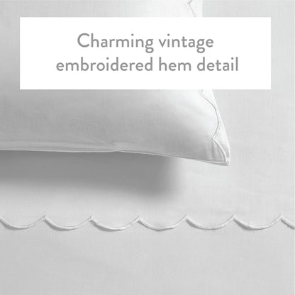 Full Size Sheet Set, 4 Piece Bed Sheets, Breathable Soft 300 TC 100% Cotton with Embroidered Scalloped Edge, 1 Flat Sheet, 1 Fitted, 2 Pillowcases, Full, White with White Scallop