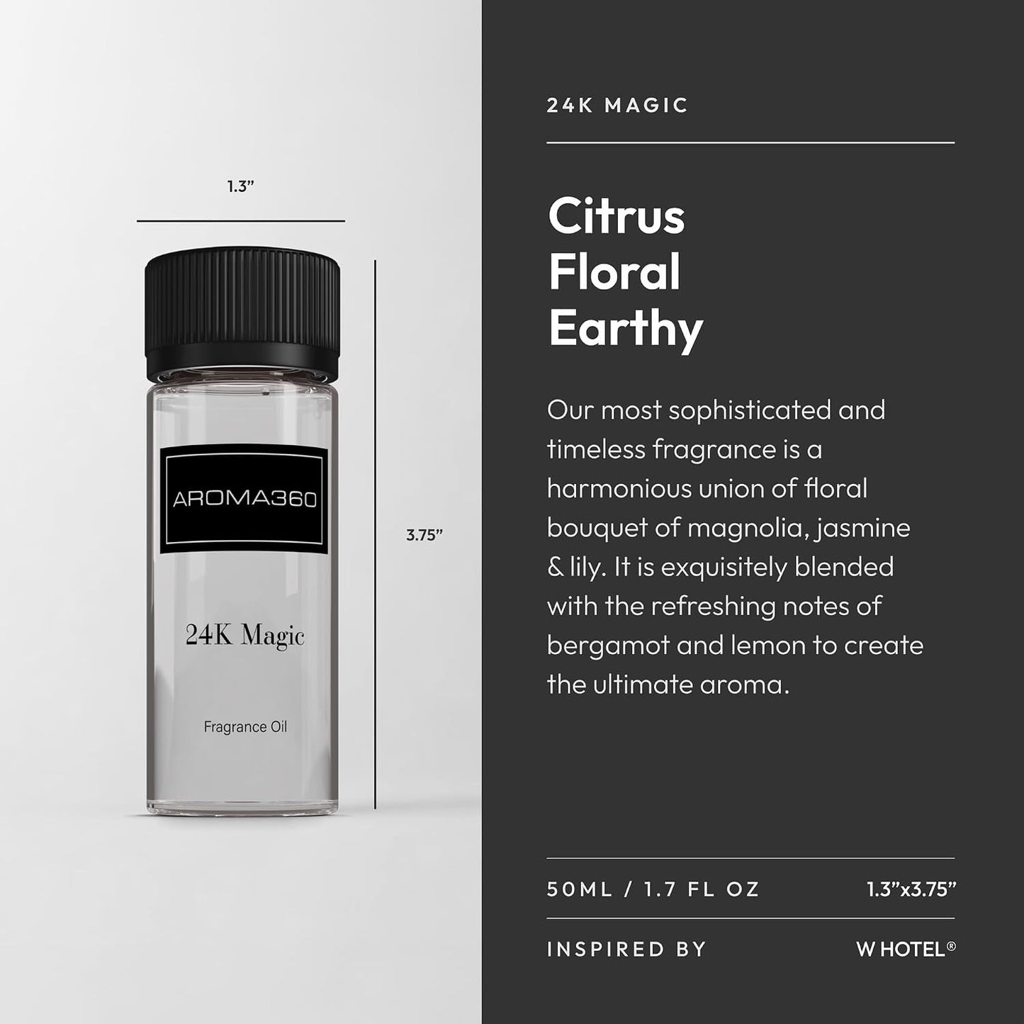 Aroma360-24K Magic Fragrance Oil Blend 50ML | Hotel Inspired Luxury Essential Oil Diffusers Aromatherapy Scent Diffuser Oil | Citrus Beginning of Bergamot, Lemon & Lemongrass with Notes of Jasmine