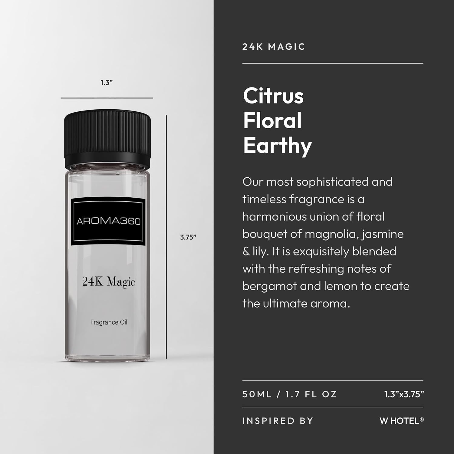 Aroma360-24K Magic Fragrance Oil Blend 50ML | Hotel Inspired Luxury Essential Oil Diffusers Aromatherapy Scent Diffuser Oil | Citrus Beginning of Bergamot, Lemon & Lemongrass with Notes of Jasmine