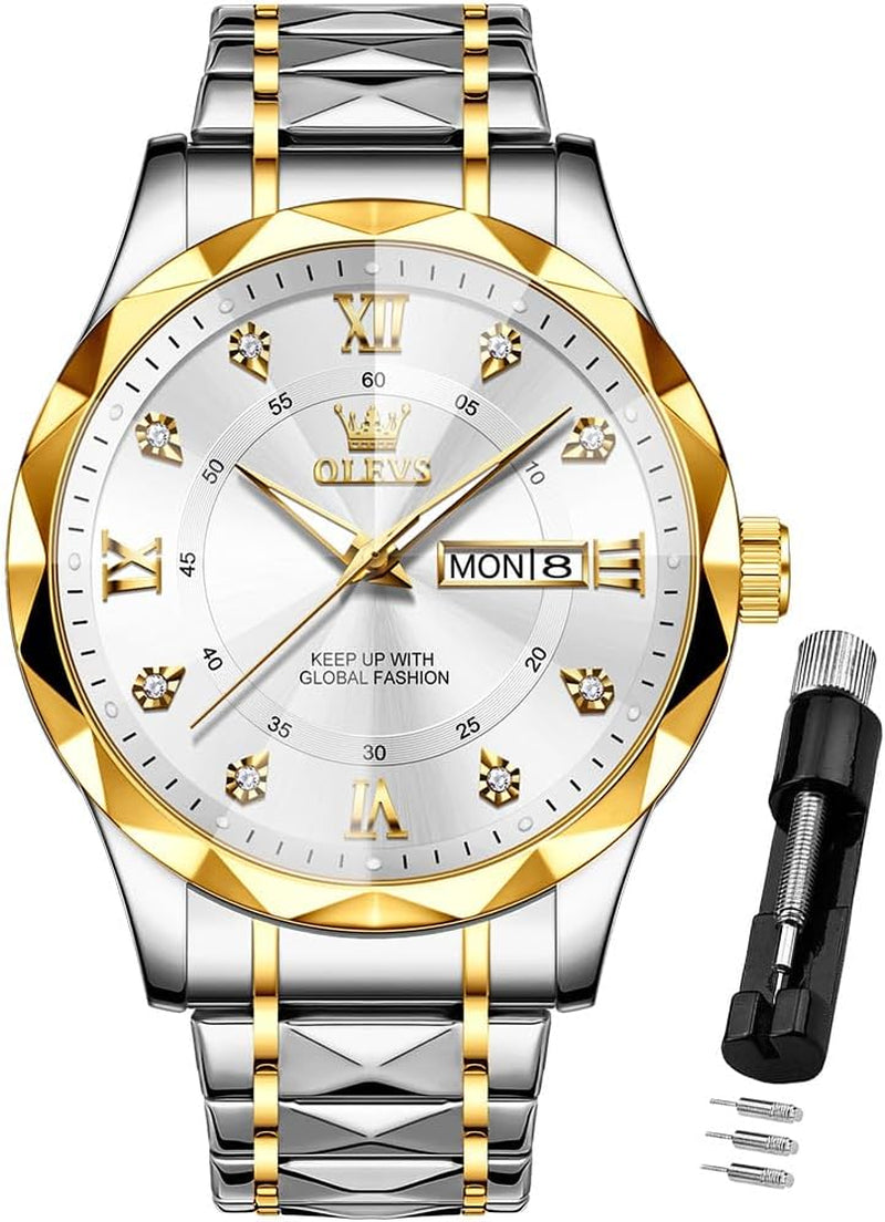 Watches for Men Luxury Diamond Casual Large Dial Watches Stainless Steel Waterproof Business Dress Analog Luminous Date Mens Watches