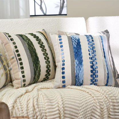 Boho Throw Pillow Covers 18X18 Inch Set of 2, Farmhouse Decorative Striped Square Pillow Covers Chenille Tufted Pillow Cases Accent Neutral Pillowcase for Living Room Couch Bed, Sky Blue