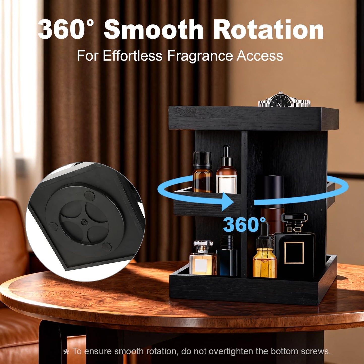 Cologne Organizer for Men, 3-Tier Wood Perfume Stand, Black | 360° Rotation, for Desk, Nightstand, Dresser, Birthday Gift for Husband, Boyfriend, Dad
