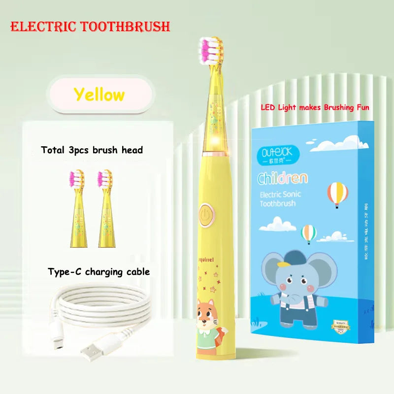 Kids Sonic Electric Toothbrush Cartoon with Colorful LED Light IPX7 Waterproof Overall Clean Teeth Rechargeable Care Toothbrush