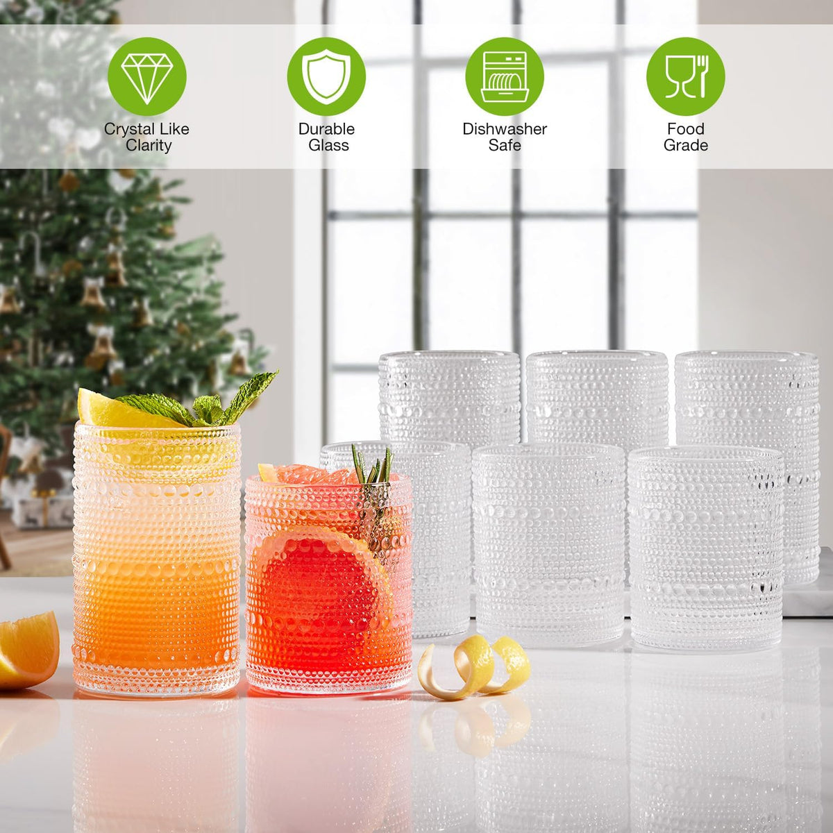 Drinking Water Glass Cups Set,Crystal Hobnail Glass Set of 8,15Oz&12Oz | Unique Design Vintage Tall Glass Cups Sets for Whiskey,Cocktail,Mocktails