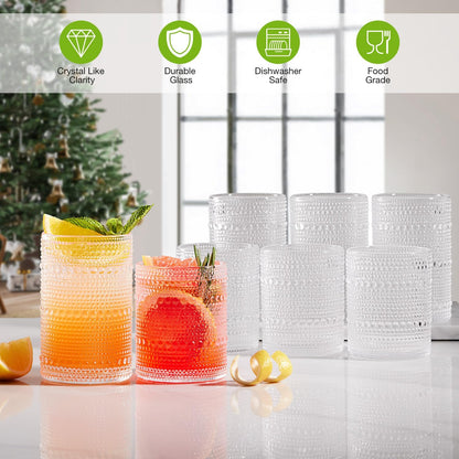 Drinking Water Glass Cups Set,Crystal Hobnail Glass Set of 8,15Oz&12Oz | Unique Design Vintage Tall Glass Cups Sets for Whiskey,Cocktail,Mocktails
