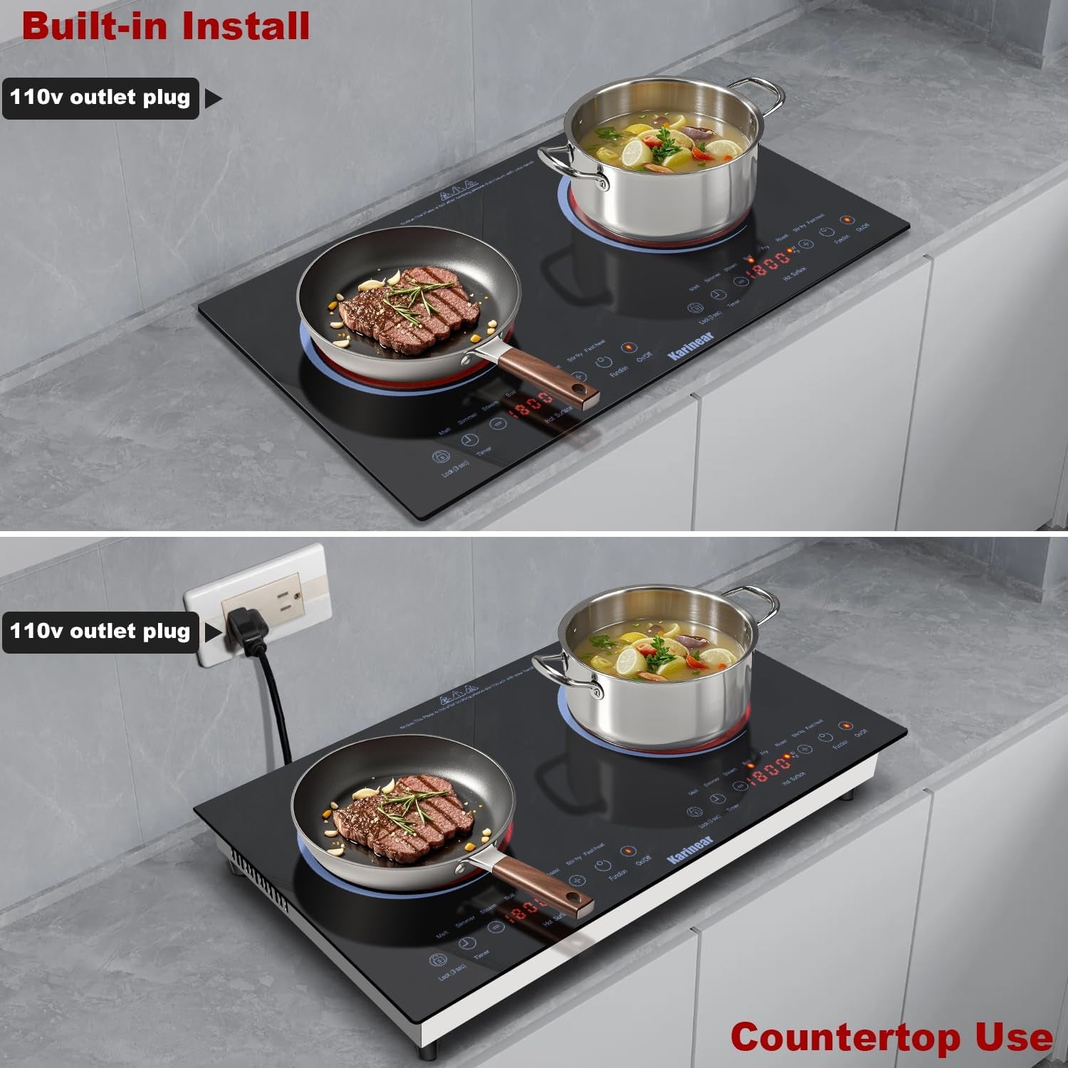 2 Burners Electric Cooktop 24 Inch, 110V~120V Countertop and Built-In Elecric Stove Top, Portable Electric Radiant with Outlet Plug, Sensor Touch, Child Safety Lock, Timer(Blue)