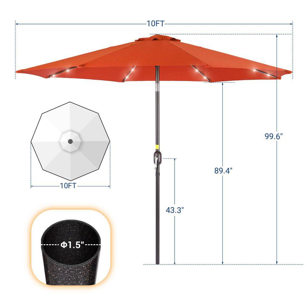 10 Ft. Steel Solar-Powered round Outdoor Market Patio Umbrella with Crank in Orange