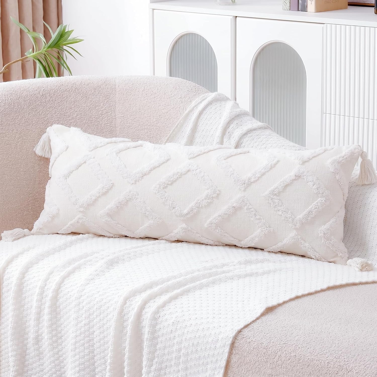 Decorative Long Lumbar Pillow Cover 16X36 Boho,Super Soft Chenille Extra Long Lumbar Pillow Case Cover with Tassel for Bed Sofa Couch Farmhouse Livingroom,White,Modern Skinny
