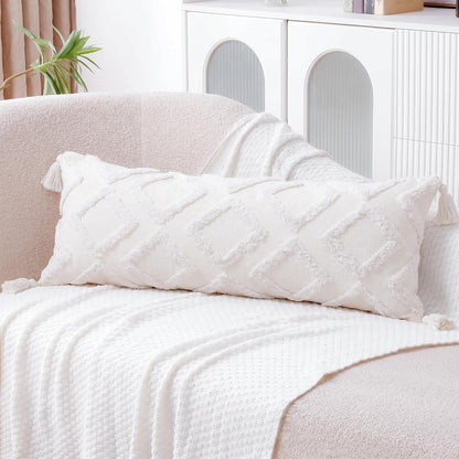 Decorative Long Lumbar Pillow Cover 16X36 Boho,Super Soft Chenille Extra Long Lumbar Pillow Case Cover with Tassel for Bed Sofa Couch Farmhouse Livingroom,White,Modern Skinny