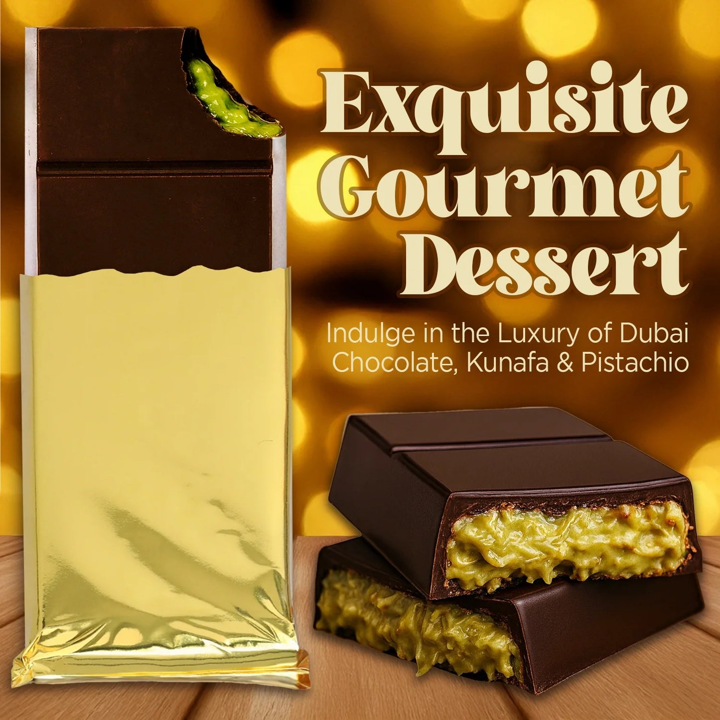 Dubai Pistachio Kunafa Bars, Indulgent Dark Chocolate, 3.5 Oz