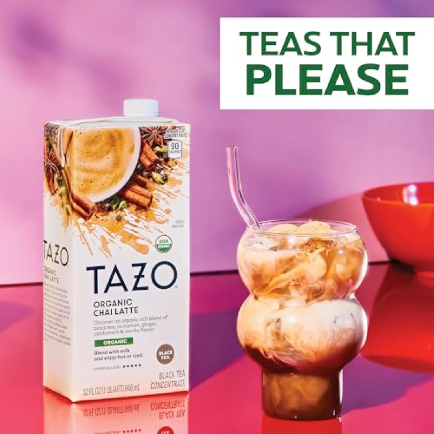 TAZO Organic Chai Latte Concentrate, Hot or Iced Black Tea, Easy-To-Serve, Everyday Lattes and Mocktails, 32 Oz Carton 2 Count (Pack of 2)
