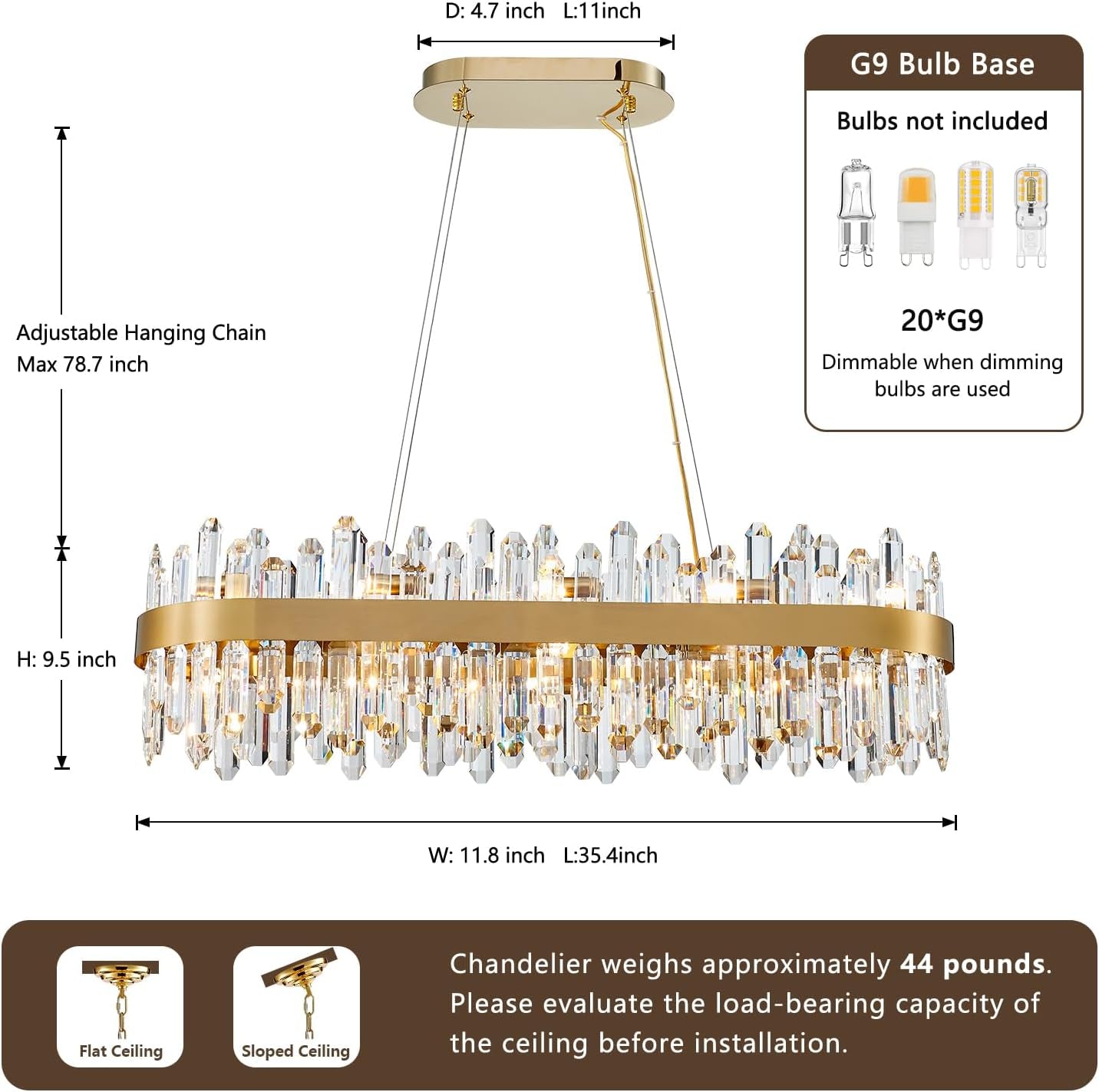 Modern Crystal Chandelier, 20-Lights Rectangle Gold Raindrop Chandelier Luxury Oval Pendant Ceiling Light Fixture for Living Room Dining Room Kitchen Island L35.4''