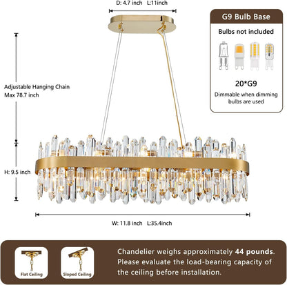 Modern Crystal Chandelier, 20-Lights Rectangle Gold Raindrop Chandelier Luxury Oval Pendant Ceiling Light Fixture for Living Room Dining Room Kitchen Island L35.4''