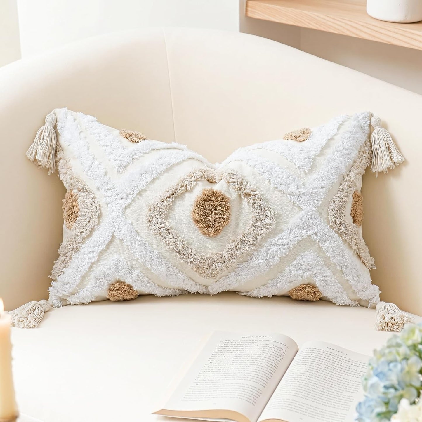 Modern Long Lumbar Throw Pillow Cover 12 X 24,Cotton and Linen Tufted Decorative Boho Long Lumbar Pillow Case for Couch Sofa Bed Farmhouse Chair Outdoor,Khaki&Beige&White