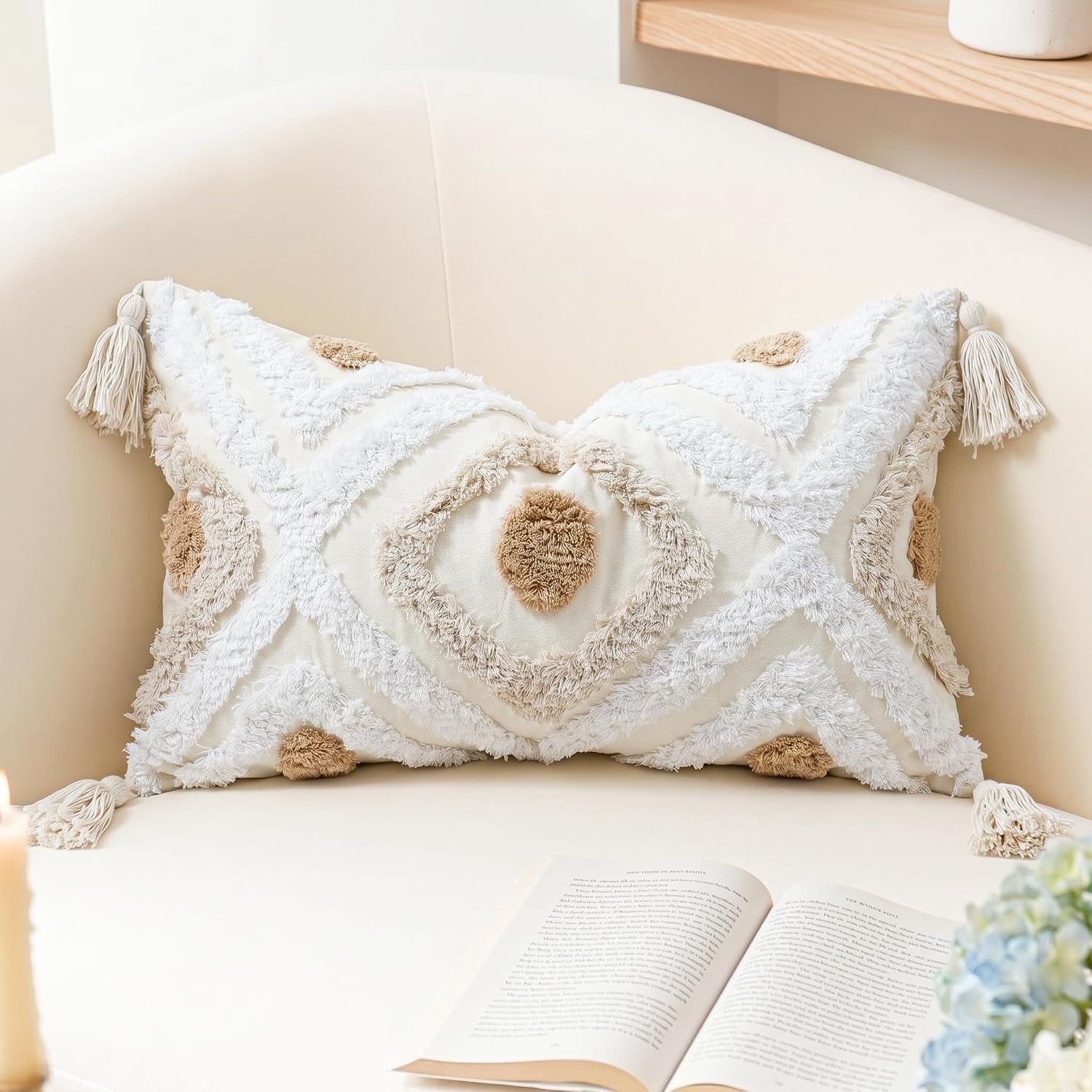 Modern Long Lumbar Throw Pillow Cover 12 X 24,Cotton and Linen Tufted Decorative Boho Long Lumbar Pillow Case for Couch Sofa Bed Farmhouse Chair Outdoor,Khaki&Beige&White