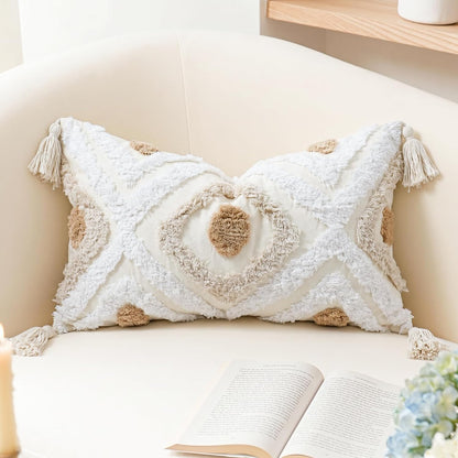 Modern Long Lumbar Throw Pillow Cover 12 X 24,Cotton and Linen Tufted Decorative Boho Long Lumbar Pillow Case for Couch Sofa Bed Farmhouse Chair Outdoor,Khaki&Beige&White