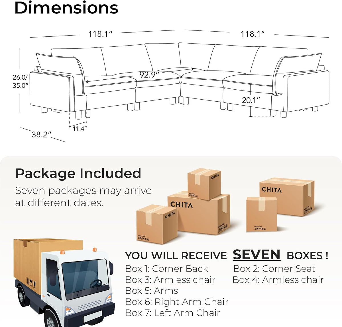CHITA 118" Leather Super Large Sectional Couches for Living Room, Modular Cloud Sofa, Premium Genuine Leather Sofa, down Filled, High Density Foam, Real Leather in Cream, 5 Seat Corner Couch