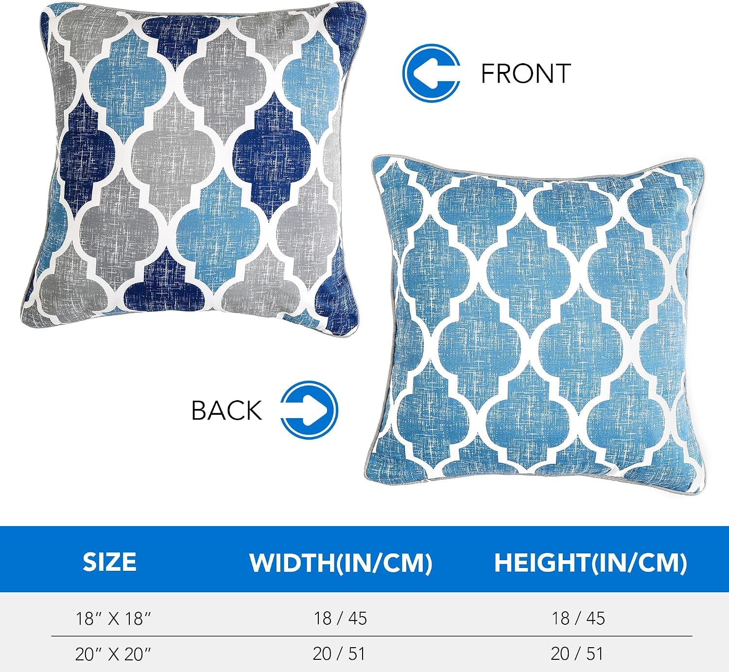 Throw Pillow Covers 20X20 for Couch Sofa Moroccan Blue Gray 2 Sets | Soft Chenille Print Geometric Velvet 2-Sided Pattern Decorative Square Standard Pillowcases for Bedroom Living Room
