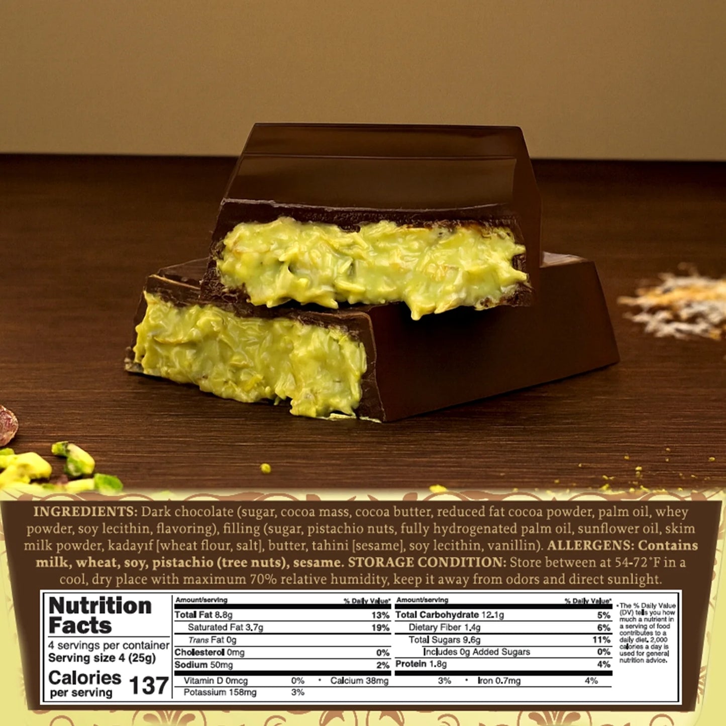 Dubai Pistachio Kunafa Bars, Indulgent Dark Chocolate, 3.5 Oz