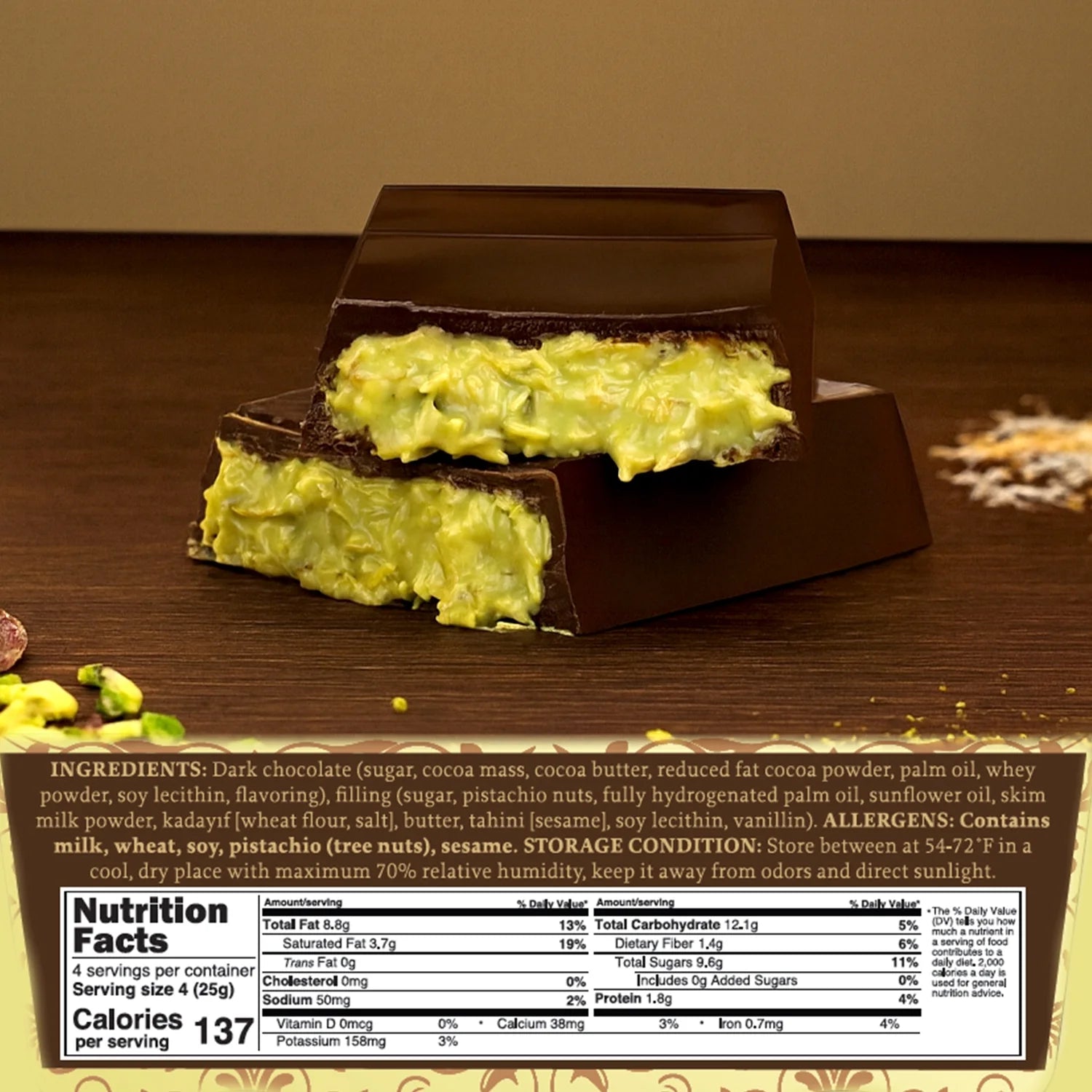 Dubai Pistachio Kunafa Bars, Indulgent Dark Chocolate, 3.5 Oz