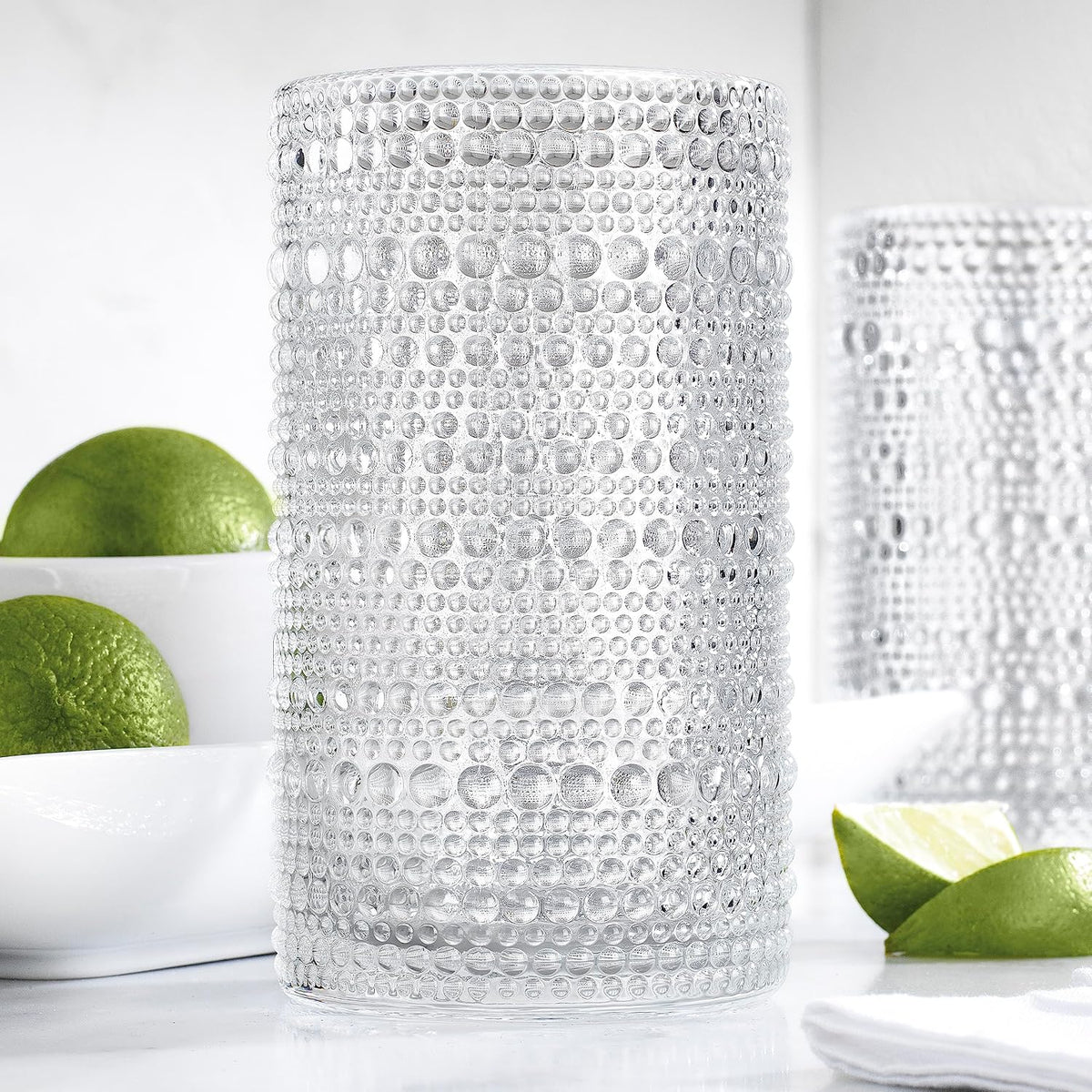 Hobnail Drinking Glasses, Set of 4 Clear Vintage Beaded Glass Cups, 15 Oz. Cocktail Drinking Glassware Set, for Water Juice, Smoothies. Home, Dinner, Bar Uses.