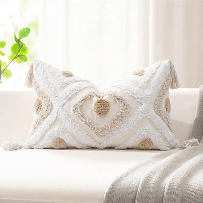 Modern Long Lumbar Throw Pillow Cover 12 X 24,Cotton and Linen Tufted Decorative Boho Long Lumbar Pillow Case for Couch Sofa Bed Farmhouse Chair Outdoor,Khaki&Beige&White