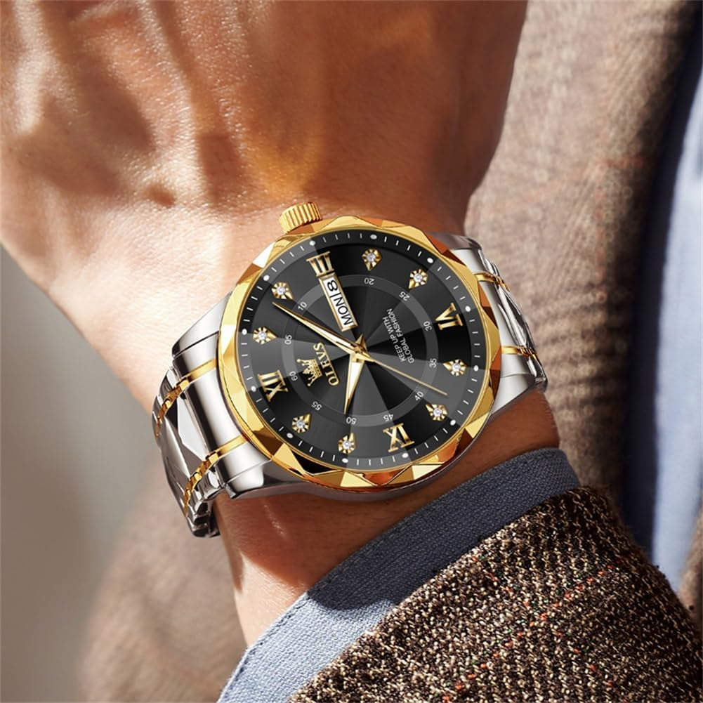 Watches for Men Luxury Diamond Casual Large Dial Watches Stainless Steel Waterproof Business Dress Analog Luminous Date Mens Watches