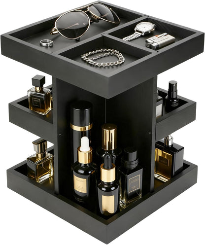 Cologne Organizer for Men, 3-Tier Wood Perfume Stand, Black | 360° Rotation, for Desk, Nightstand, Dresser, Birthday Gift for Husband, Boyfriend, Dad