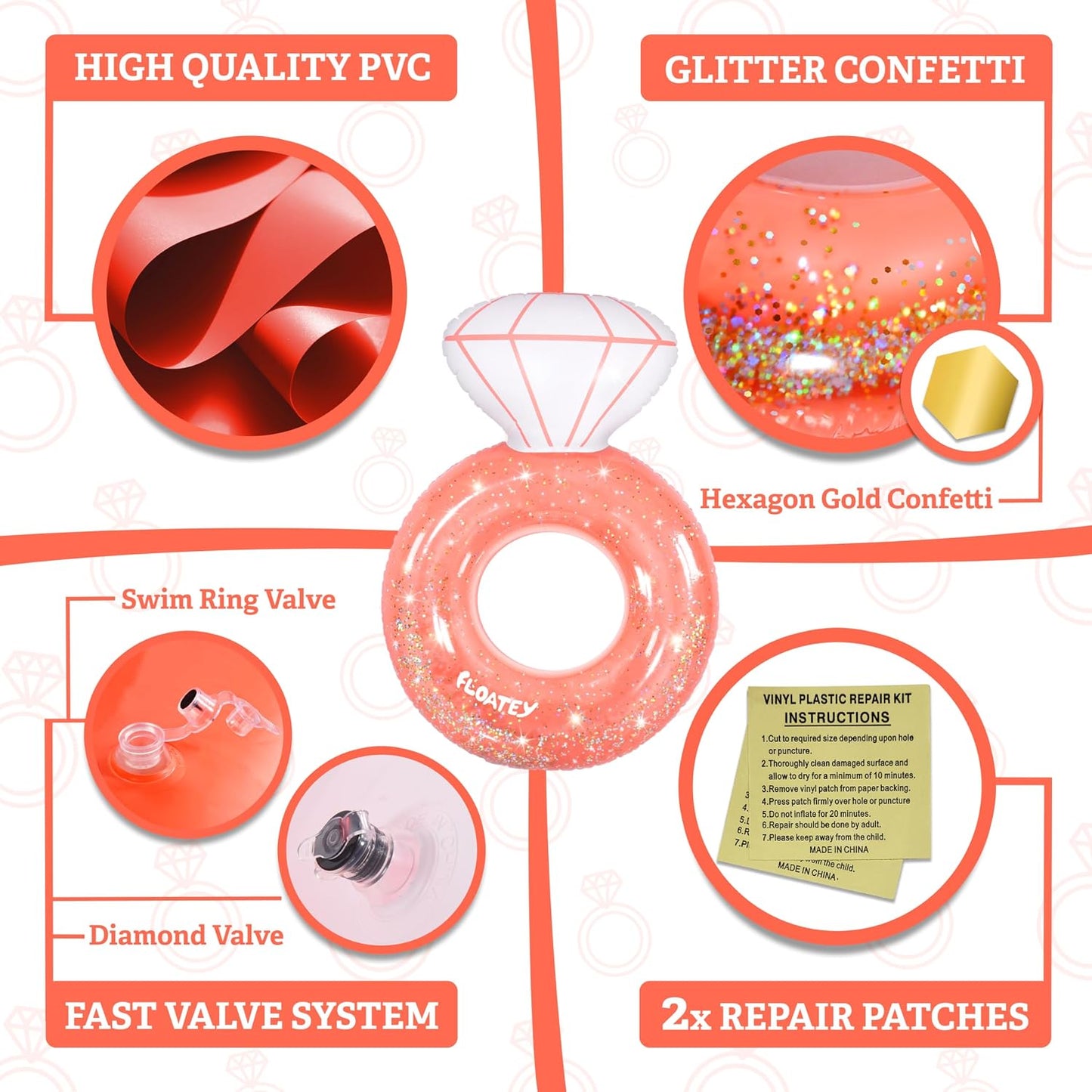 Bachelorette Party Decorations - Xtralarge Diamond Ring Pool Float | Shiny Glitter Conffetti inside | Bachelorette Pool Floats for Bride, Ring Floatie Bachelorette Party Accessories, Rose Gold