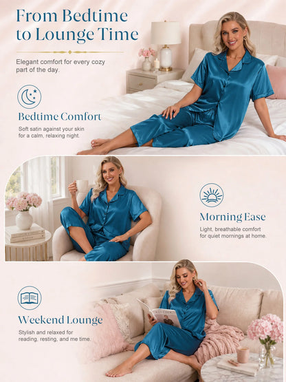 Silk Satin Pajama Set for Women Capri Pajamas Short Sleeve Button down Two Piece Pjs Sleepwear Soft Loungewear Nightwear