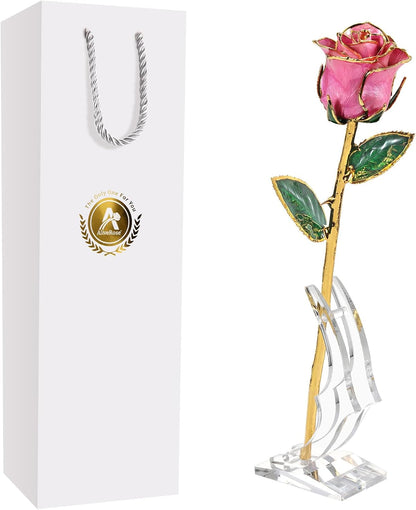 Roses, 24K Gold Rose Made from Real Rose - Unique Design Gold Plated Rose for Anniversary Valentines Mothers Day Birthday Gifts (Pink Original Rose with Stand)