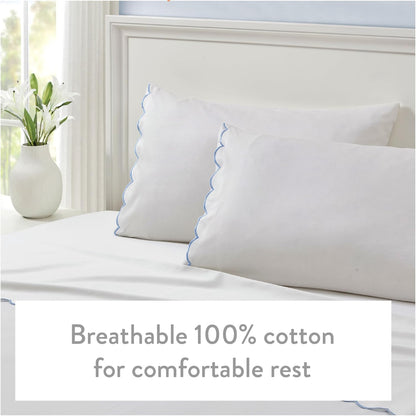 Full Size Sheet Set, 4 Piece Bed Sheets, Breathable Soft 300 TC 100% Cotton with Embroidered Scalloped Edge, 1 Flat Sheet, 1 Fitted, 2 Pillowcases, Full, White with Blue Scallop | Breathable Soft 300 TC, Embroidered Scalloped Edge, Flat, Fitted, Pillowcases